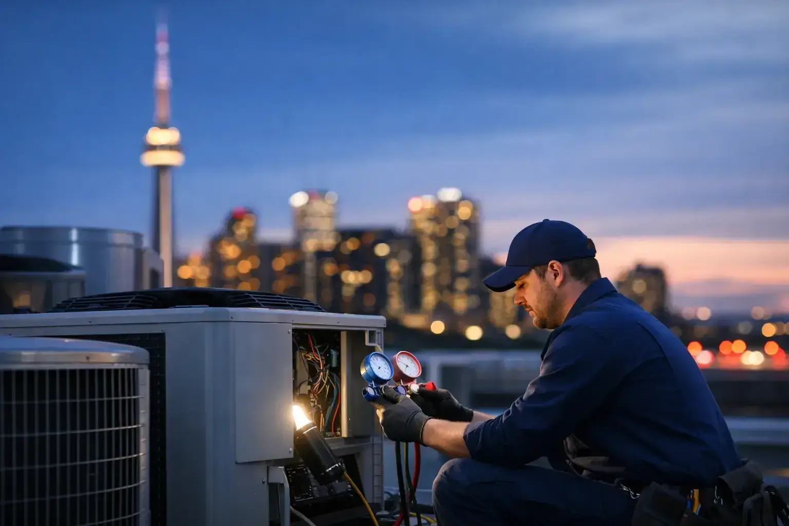 HVAC technician in a navy cap reading refrigerant gauges at an open rooftop air conditioner, with the CN Tower lit up at dusk behind him