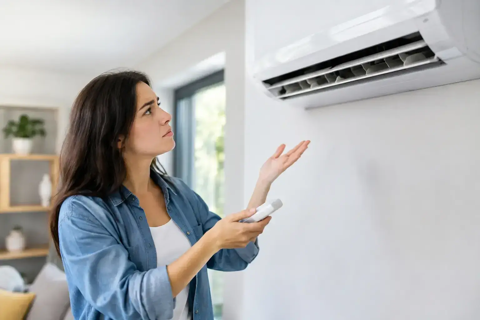 Frustrated woman holding a remote and gesturing at a wall-mounted ductless air conditioner in her living room