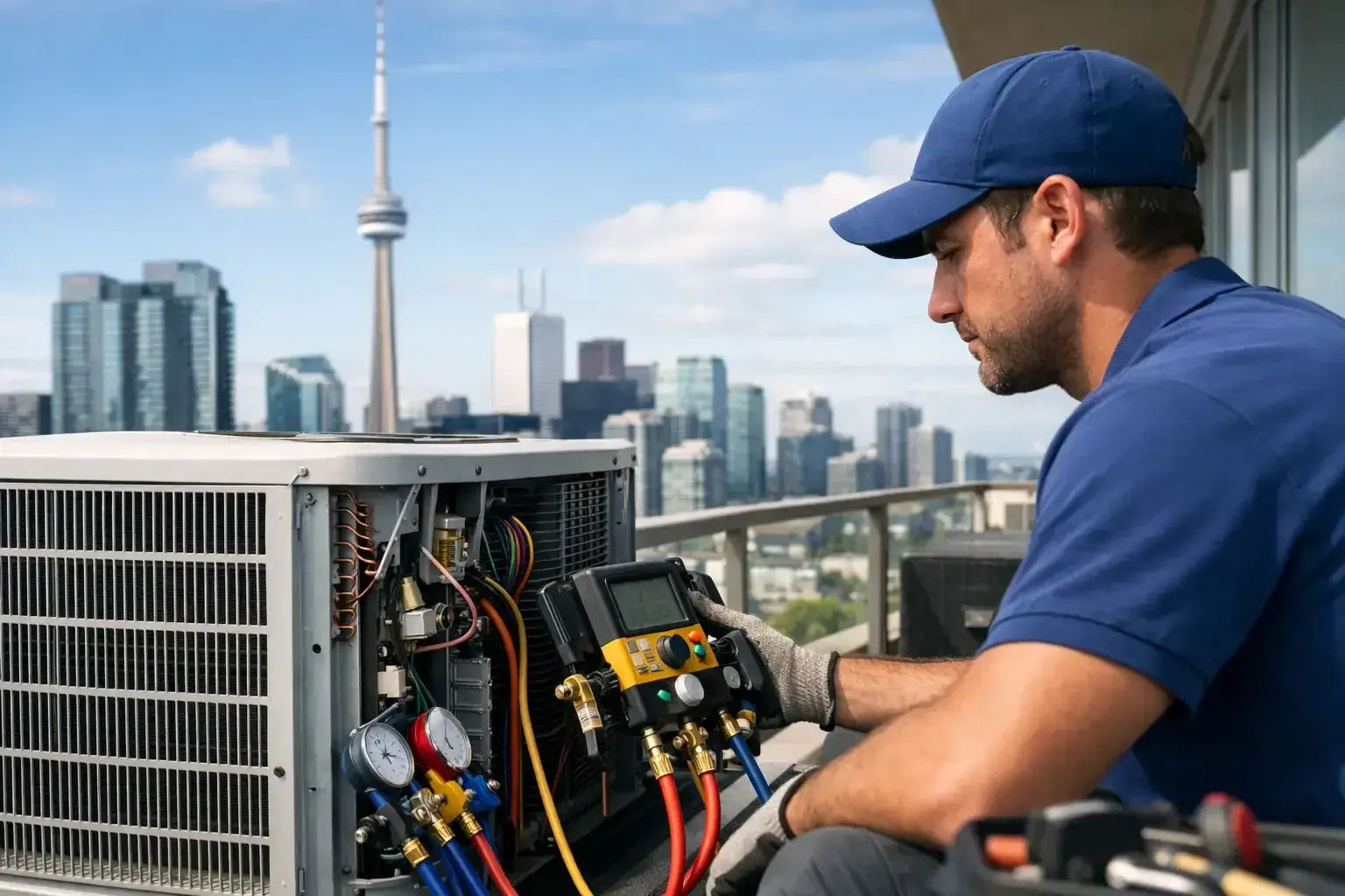 HVAC technician in a blue cap holding a digital refrigerant gauge connected to a condo balcony air conditioner, with the CN Tower and downtown Toronto behind him