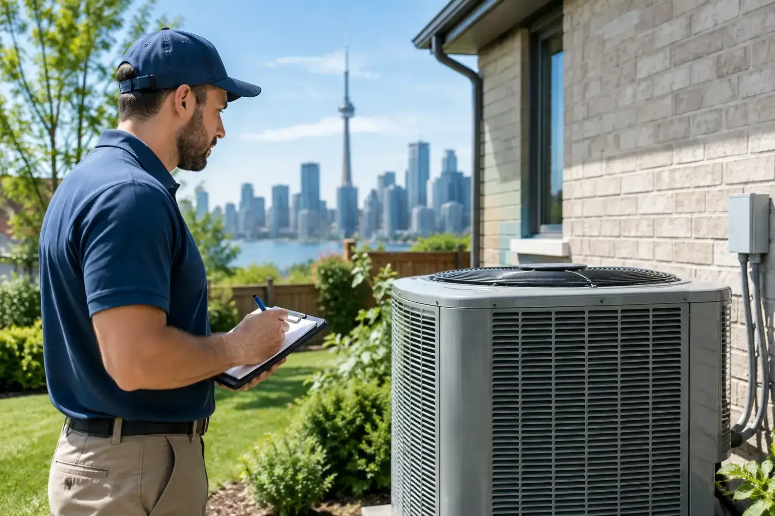 Technician in a navy cap and polo taking notes on a clipboard beside an outdoor air conditioner at a brick house, with the Toronto skyline and CN Tower across the water