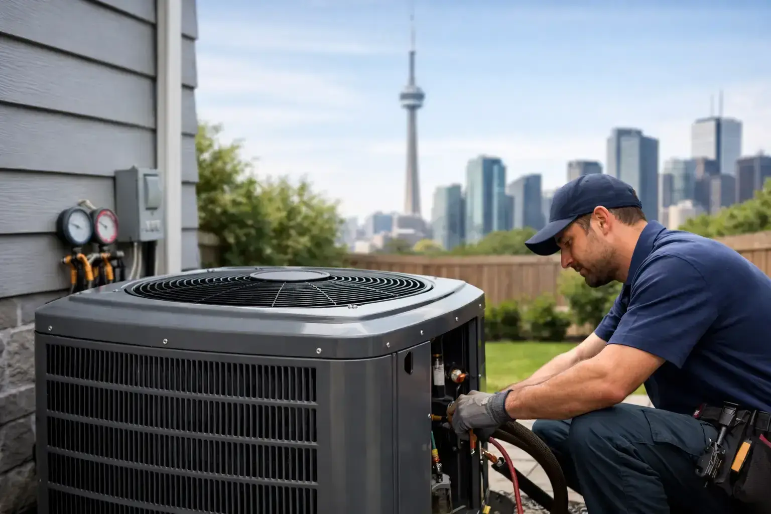 Technician in a navy cap connecting refrigerant hoses to a new outdoor air conditioner beside a house, with the CN Tower and downtown Toronto behind him