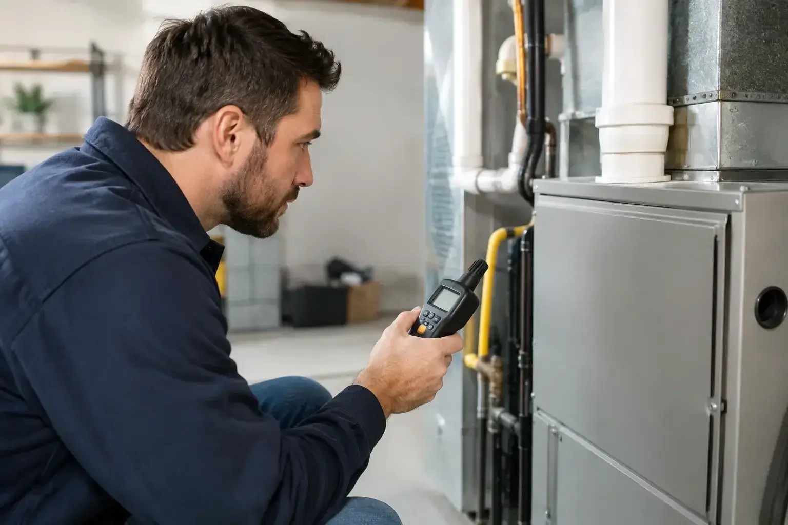 Technician holding a handheld gas detector beside a high-efficiency furnace with white PVC vent pipes and a yellow gas line in a basement