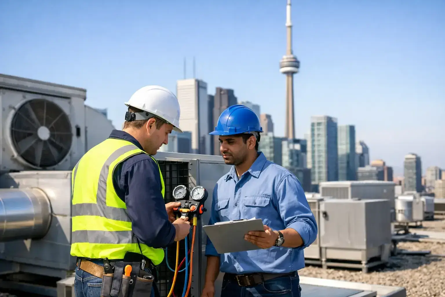 Two HVAC technicians in hard hats on a Toronto rooftop, one reading refrigerant gauges on a commercial unit while the other holds a clipboard, with the CN Tower behind them