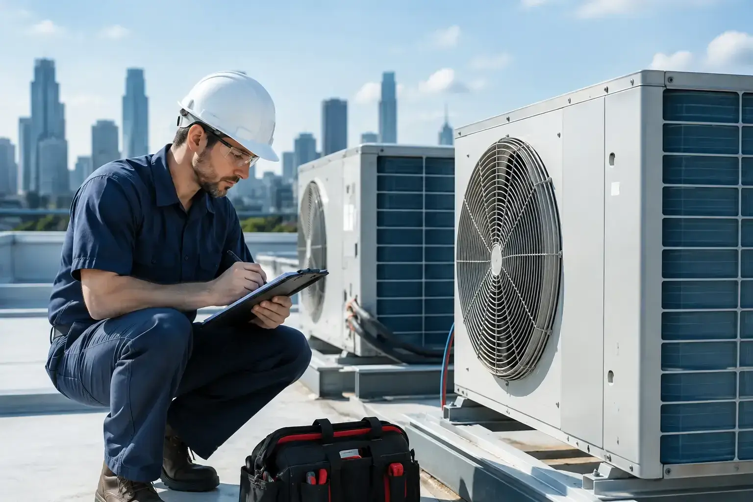 Technician in a white hard hat and safety glasses writing on a clipboard next to two rooftop condensing units, with city towers behind him