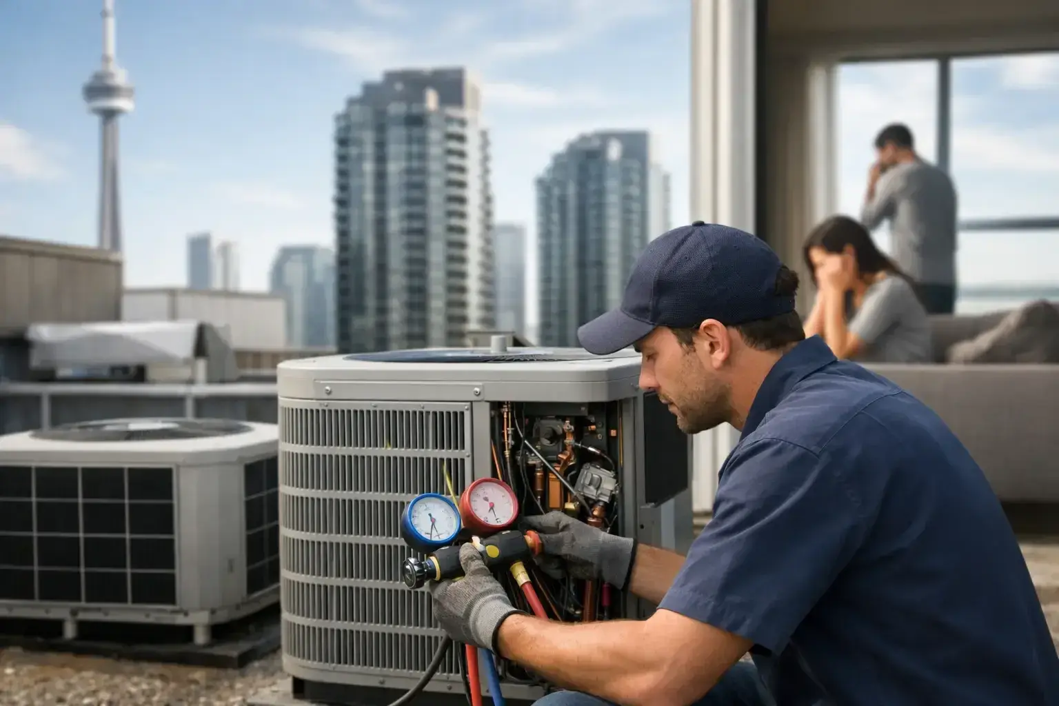 Technician in a navy cap reading refrigerant gauges on a condo rooftop air conditioner, with Toronto towers and the CN Tower behind him and residents waiting inside