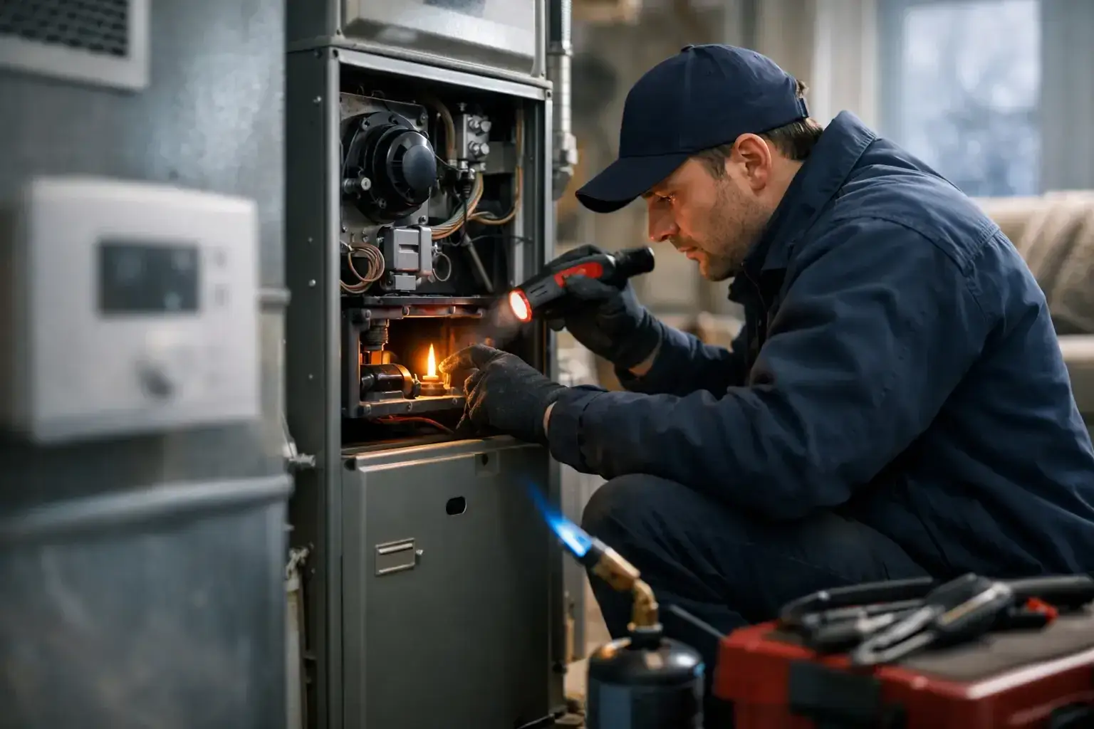 Technician in a navy cap and gloves checking the burner flame inside an open gas furnace with a flashlight