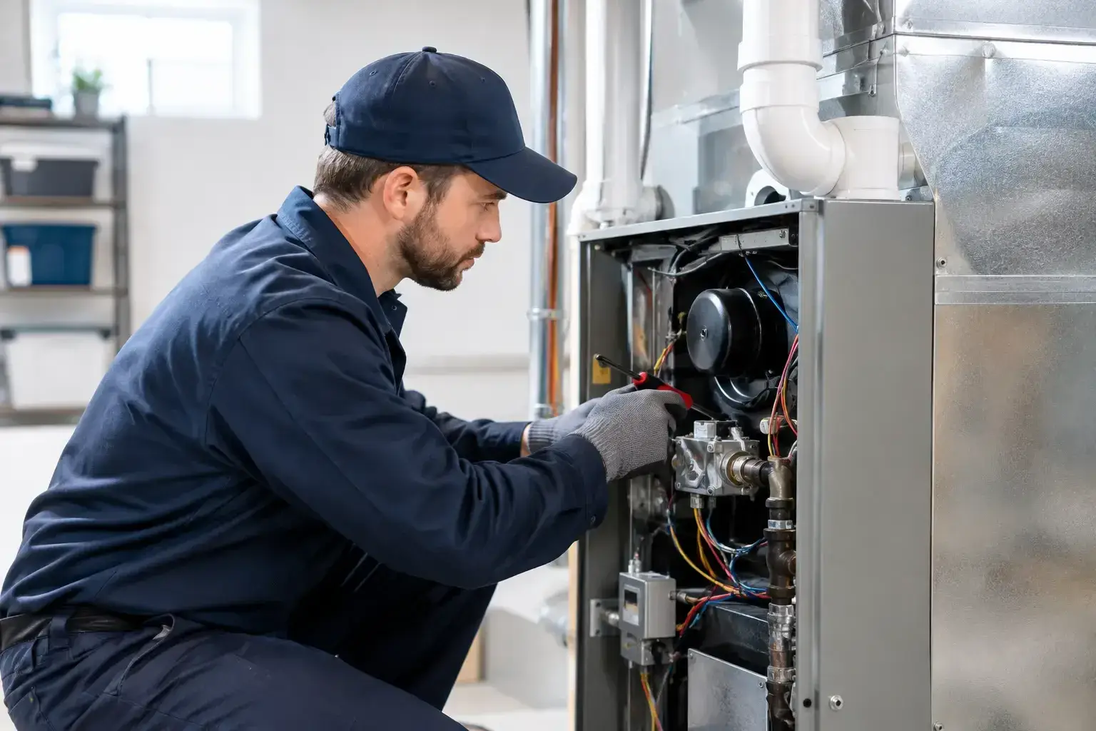 Technician in a navy cap and work gloves testing the wiring inside an open gas furnace in a bright basement