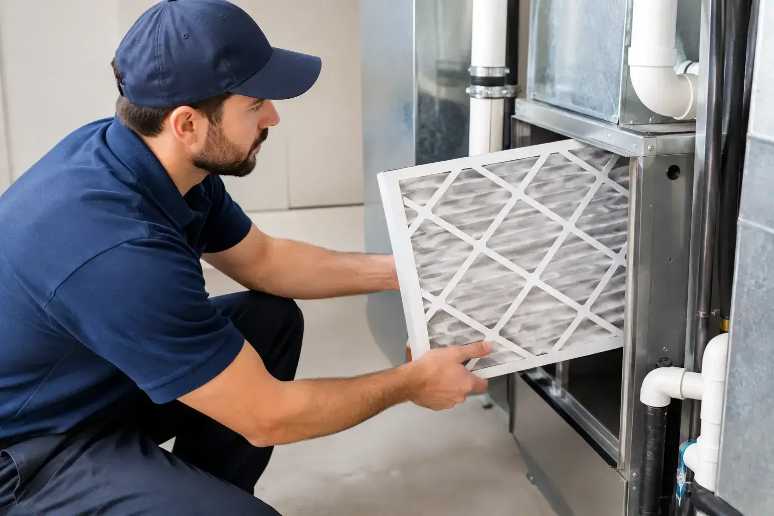 Technician in a navy cap and polo kneeling to slide a pleated filter into the filter slot of a basement furnace