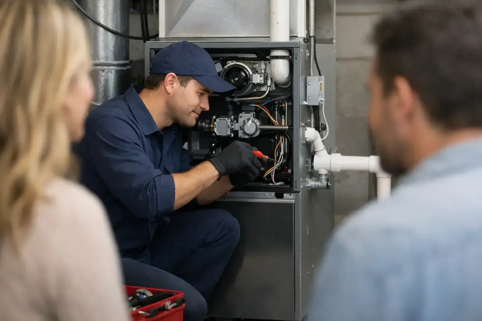 Technician in a navy cap and gloves working on the open control panel of a basement gas furnace while two homeowners look on