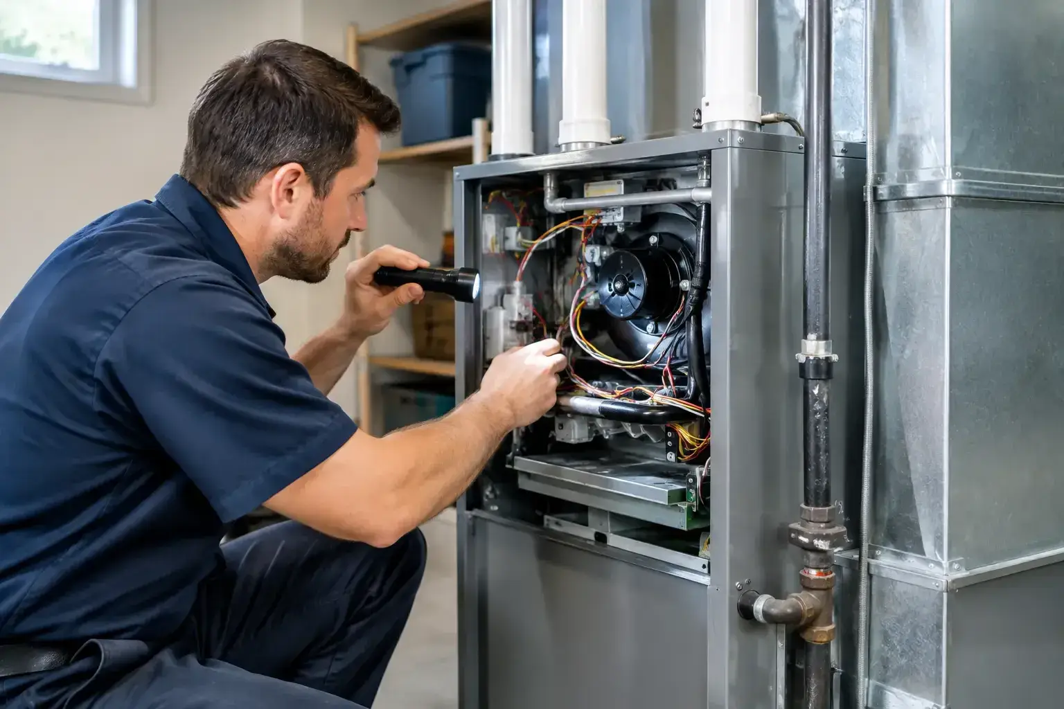 Technician holding a flashlight while checking the wiring and blower inside an open furnace in a basement utility room