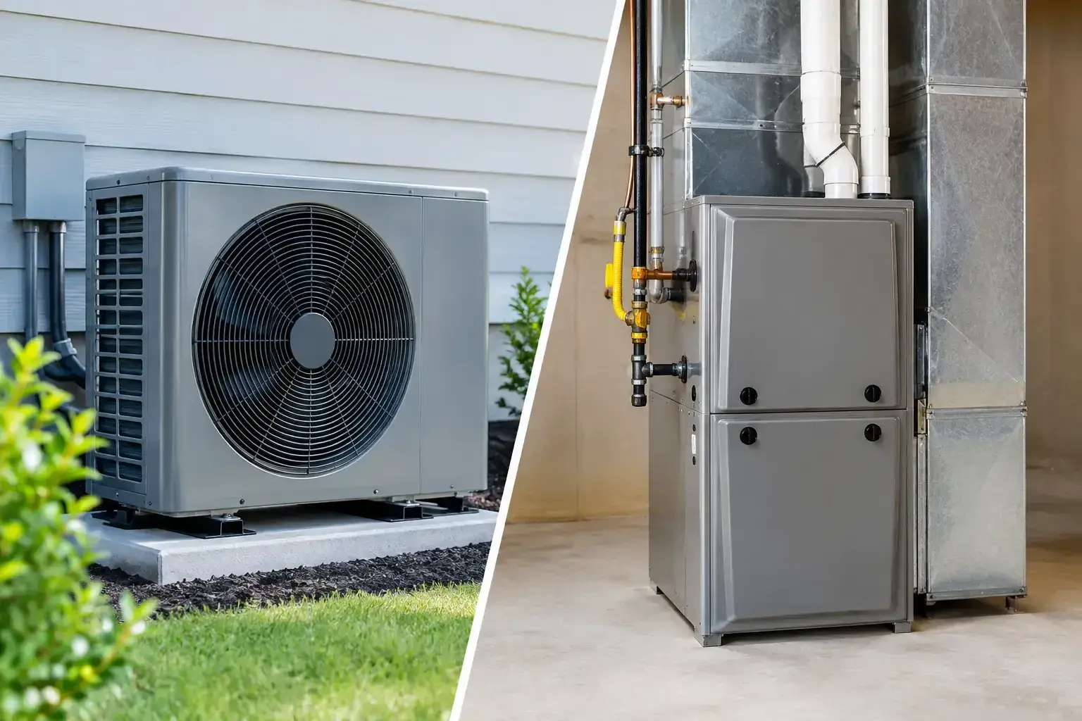 Split image of an outdoor heat pump unit on a concrete pad beside a house and a grey gas furnace with gas line and venting in a basement