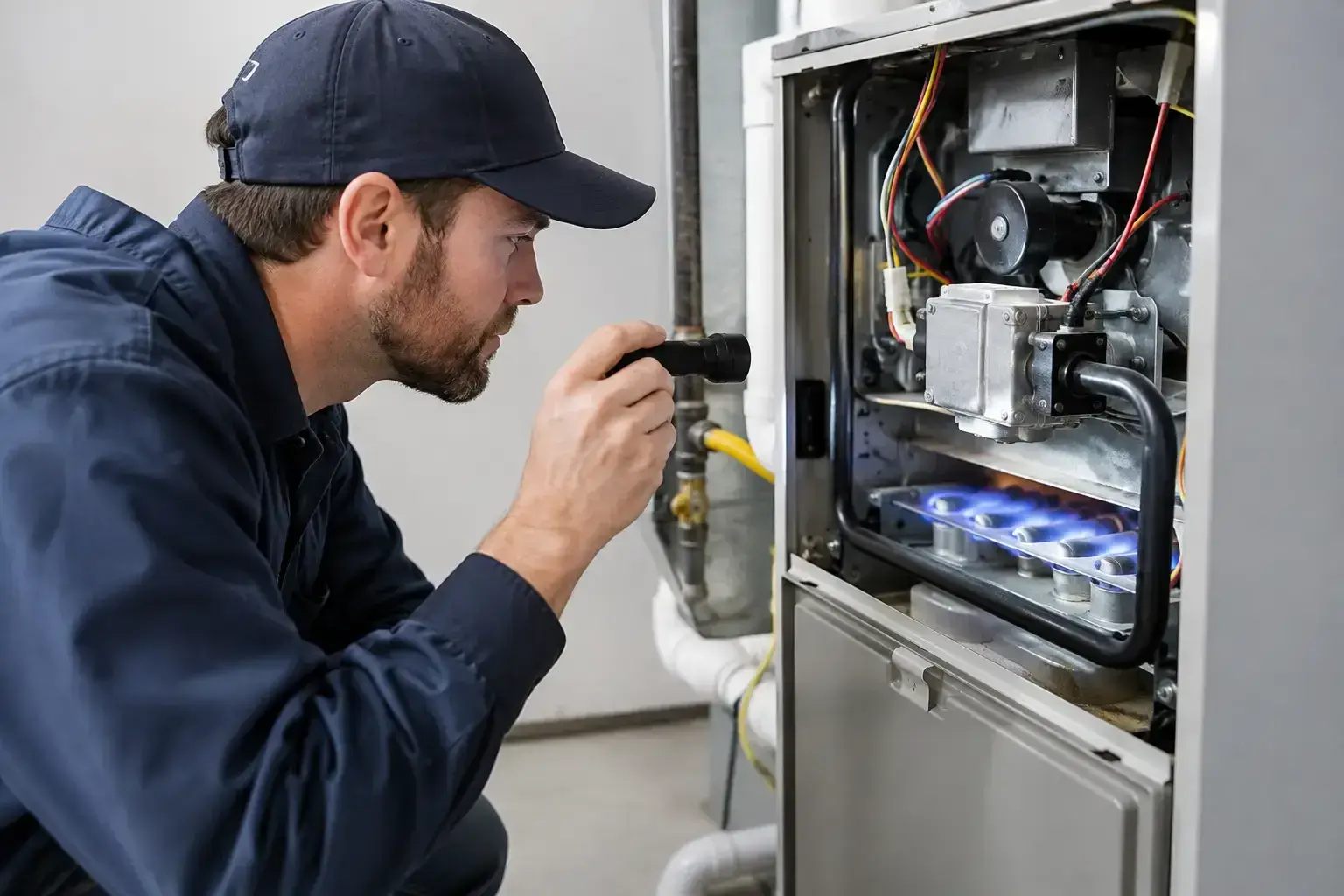 Technician in a navy cap shining a flashlight into an open gas furnace with its blue burner flames lit