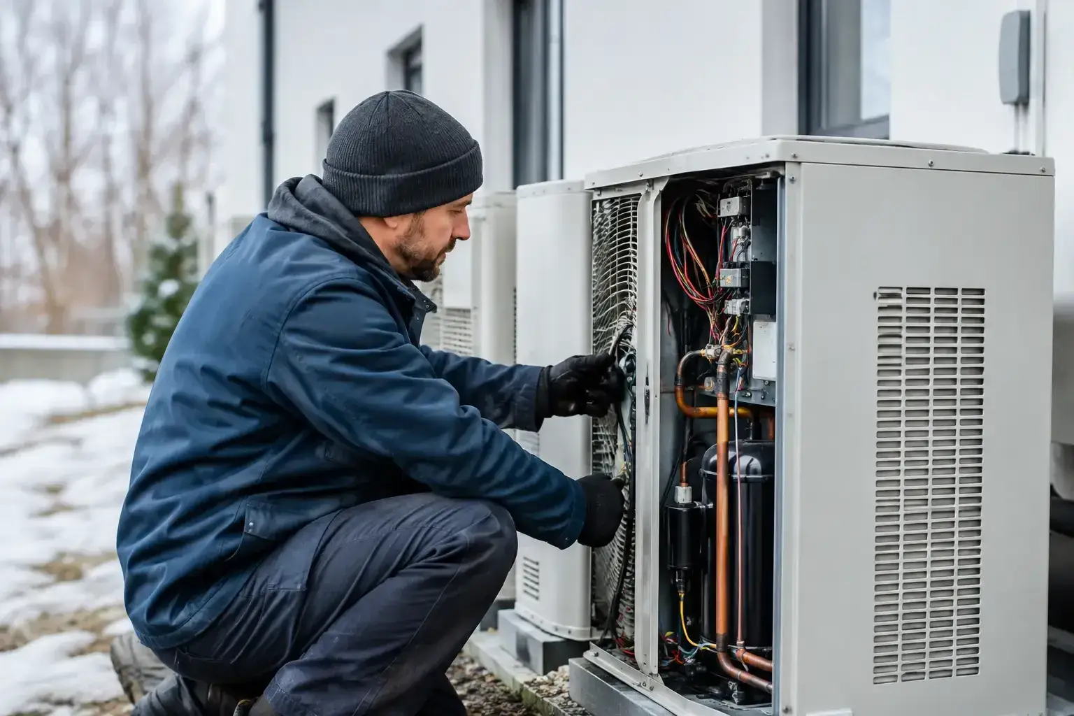 Technician in a dark beanie and work jacket crouching beside an open outdoor heat pump unit, checking its wiring next to a row of units on a snowy day