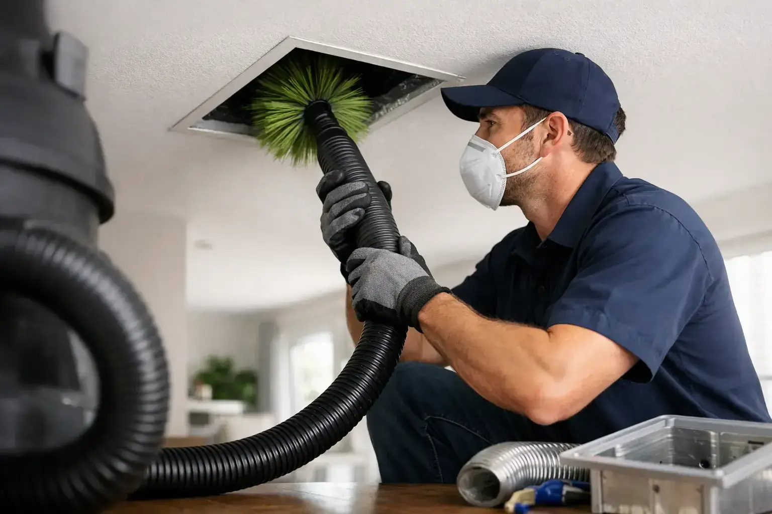 Technician in a navy cap, dust mask and work gloves feeding a rotating brush on a black hose into a ceiling air vent