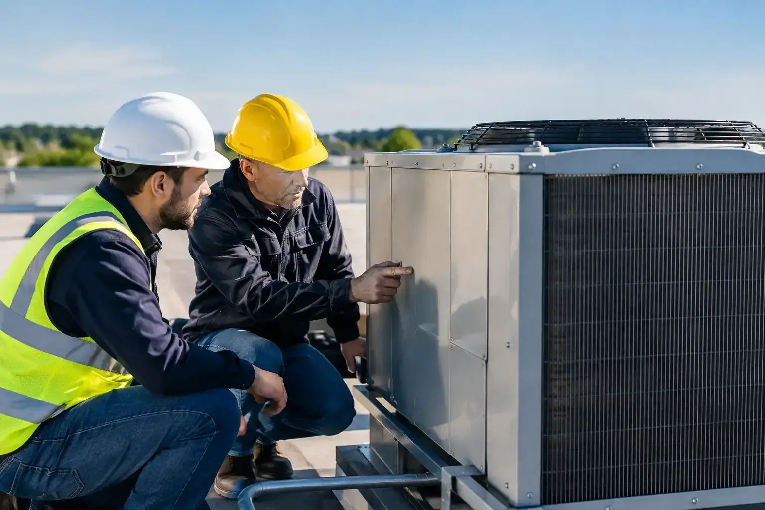 Two technicians in hard hats, one in a yellow safety vest, crouched beside a rooftop HVAC unit on a flat commercial roof as one points at a panel