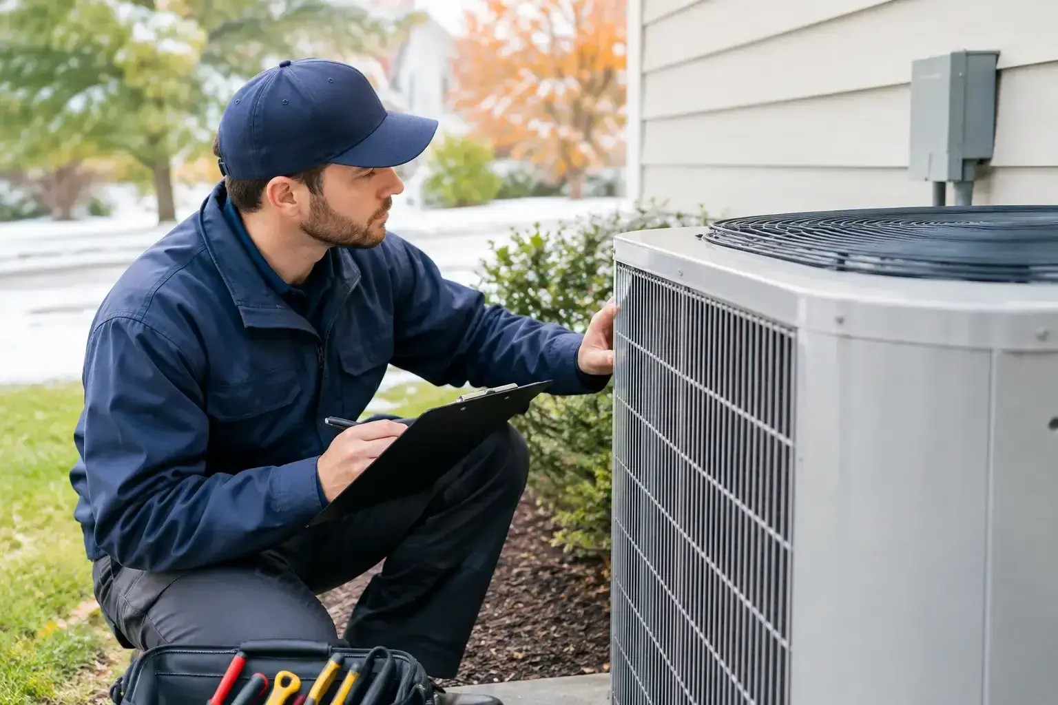 HVAC technician in a navy cap and jacket kneeling beside an outdoor air conditioner unit, taking notes on a clipboard