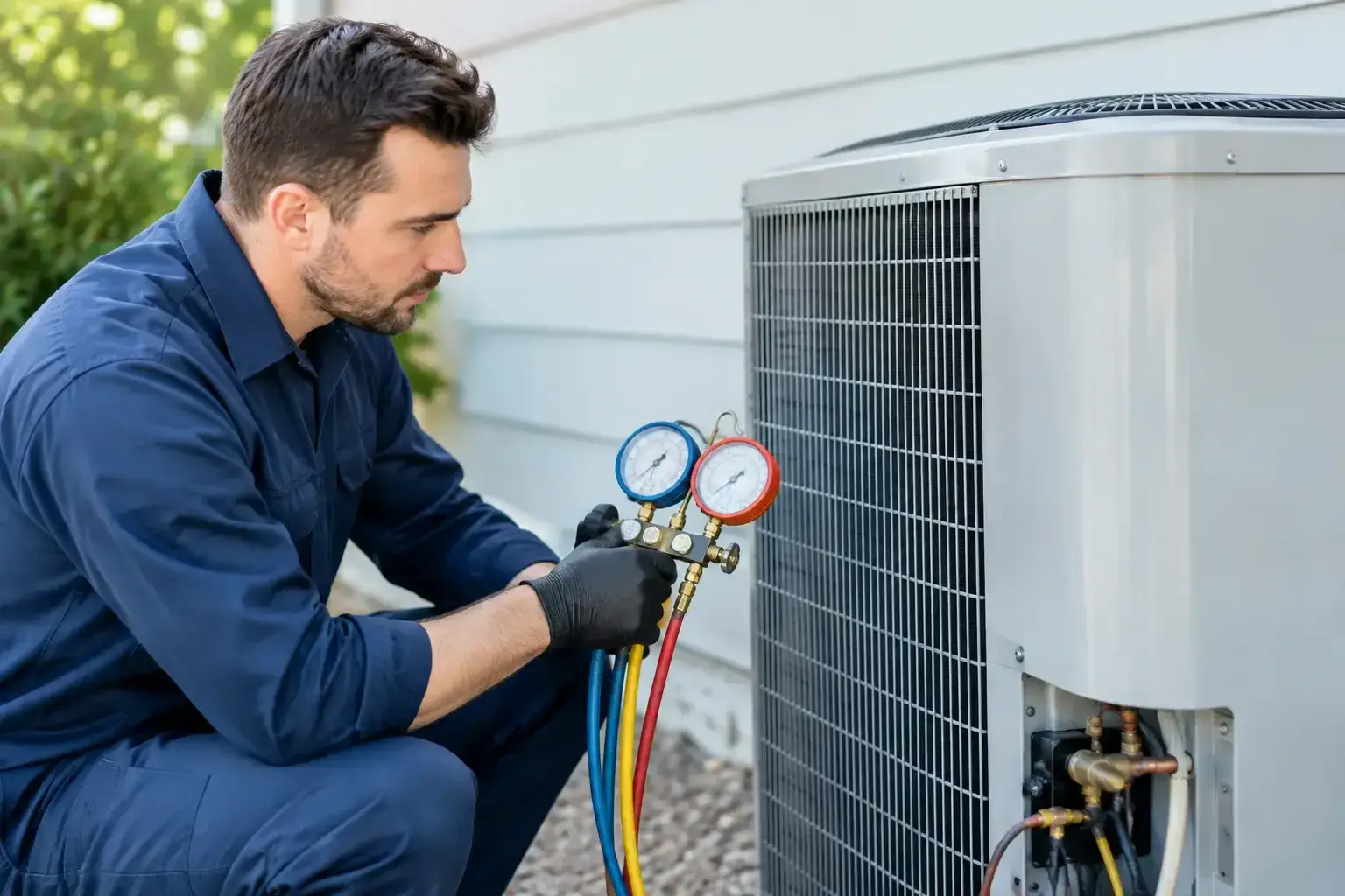 HVAC technician in a navy uniform and black gloves holding a blue and red gauge set with hoses connected to an outdoor air conditioner beside a house