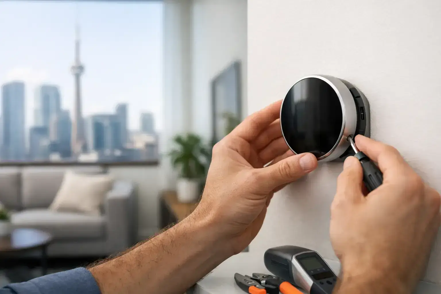 Hands using a small screwdriver to mount a round black smart thermostat on a condo wall, with the CN Tower visible through the window