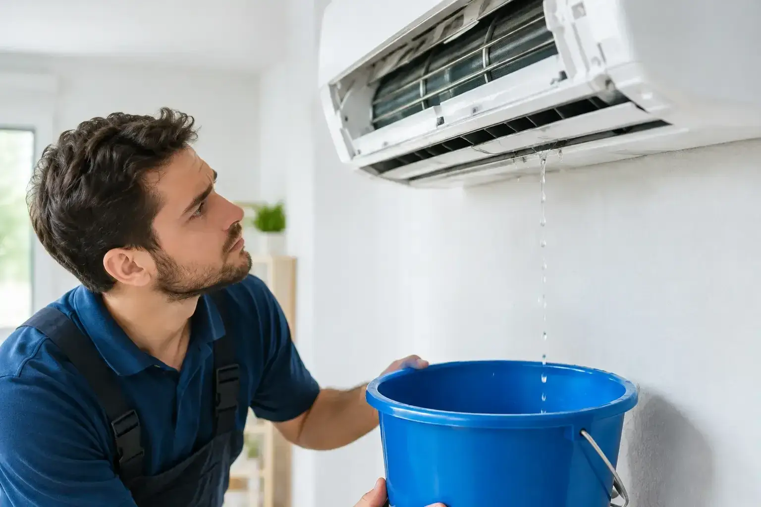 Man holding a blue bucket under a wall-mounted ductless air conditioner as water drips from the bottom of the indoor unit