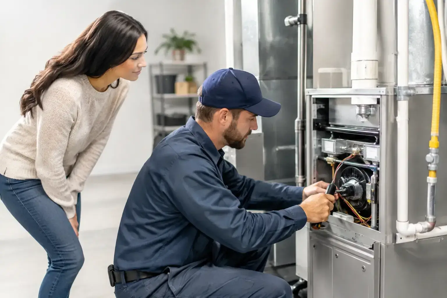 Technician in a navy cap and uniform kneeling to test the wiring inside an open gas furnace while a homeowner leans in to watch