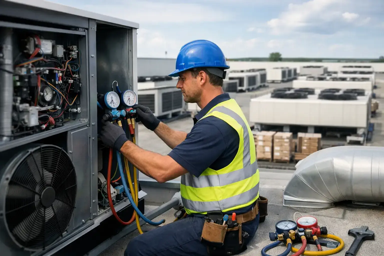 Technician in a blue hard hat and safety vest connecting refrigerant gauges to a rooftop HVAC unit on a warehouse roof lined with other units
