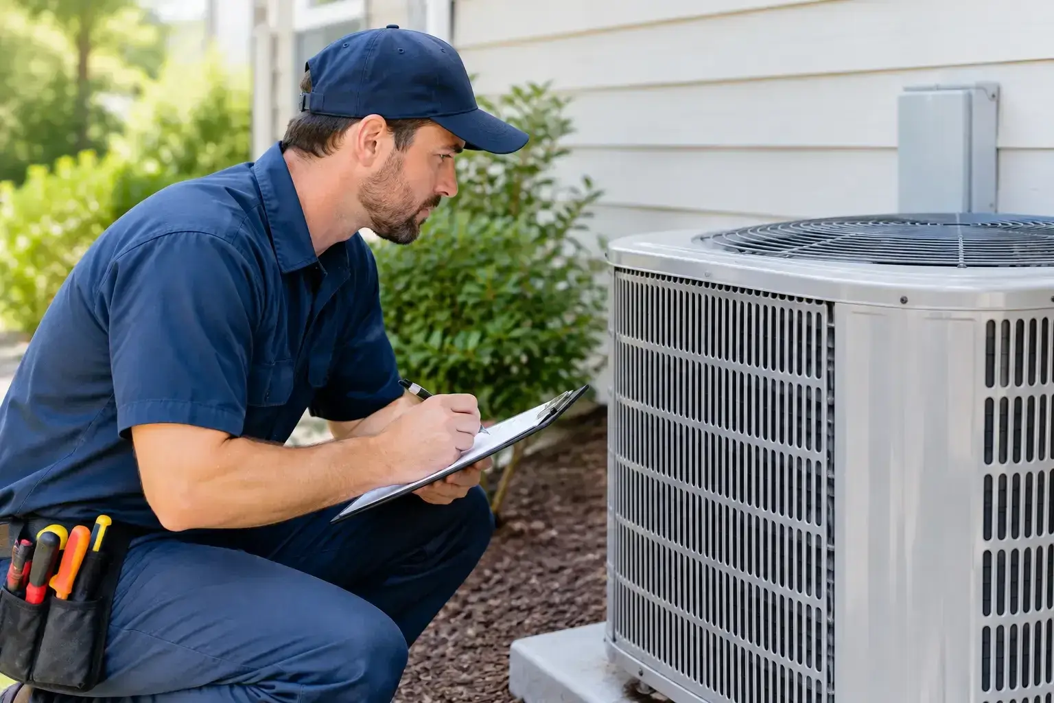 HVAC technician in a navy cap kneeling beside an outdoor air conditioner unit and writing notes on a clipboard